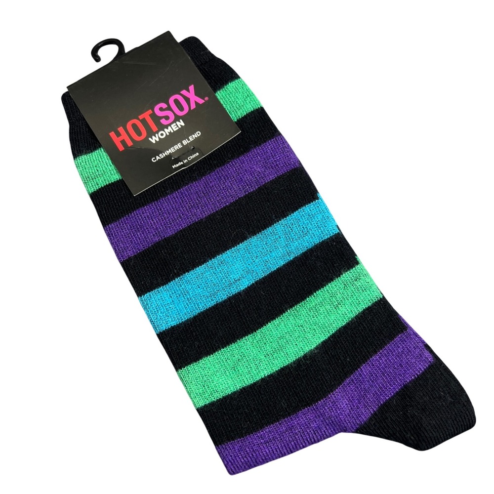 Hot Sox Womens Cashmere Blend Striped Crew Socks Black Purple Green NWT